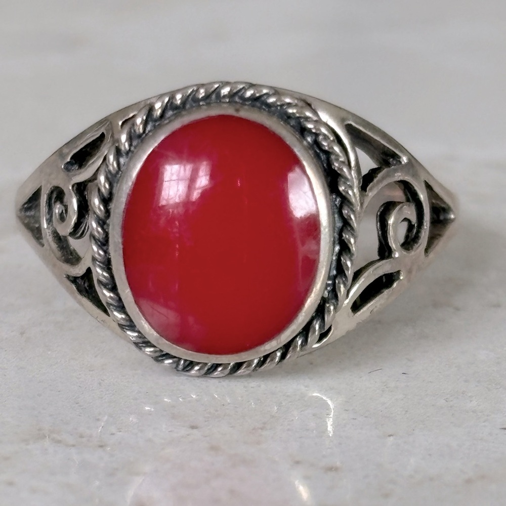 Coral Ring, 925 Sterling Silver Ring size 7 1/4